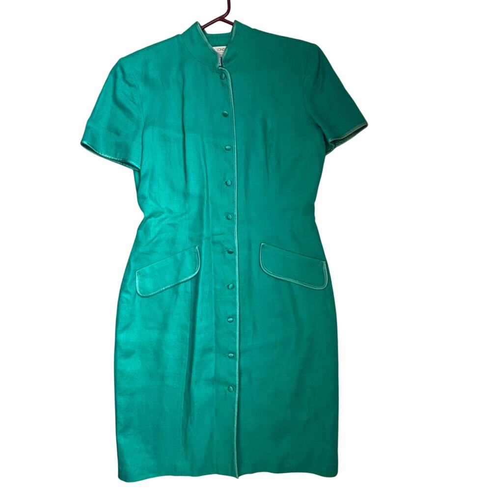 Vintage 80s Womens Linen Green Button Front Dress Sz 8 Short Sleeve Maggy London